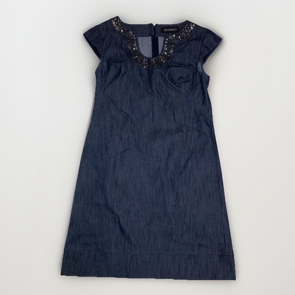 Studio 1 Womens 6 Denim Dress Short Cap Sleeve Beaded Neckline Knee Length